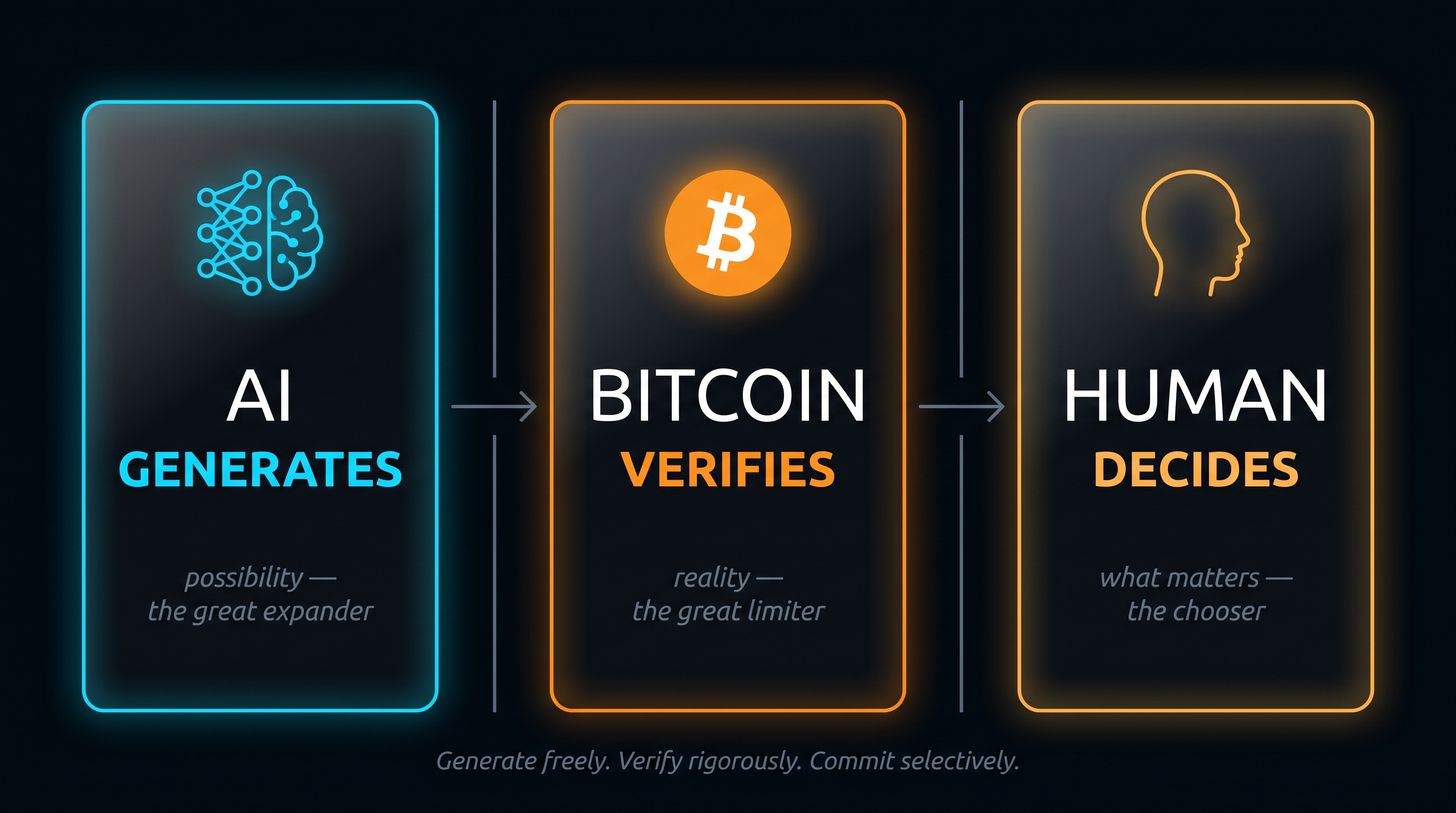 Three connected panels. Left, in cyan: AI GENERATES — possibility, the great expander. Center, in orange: BITCOIN VERIFIES — reality, the great limiter. Right, in amber: HUMAN DECIDES — what matters, the chooser. Caption: Generate freely. Verify rigorously. Commit selectively.