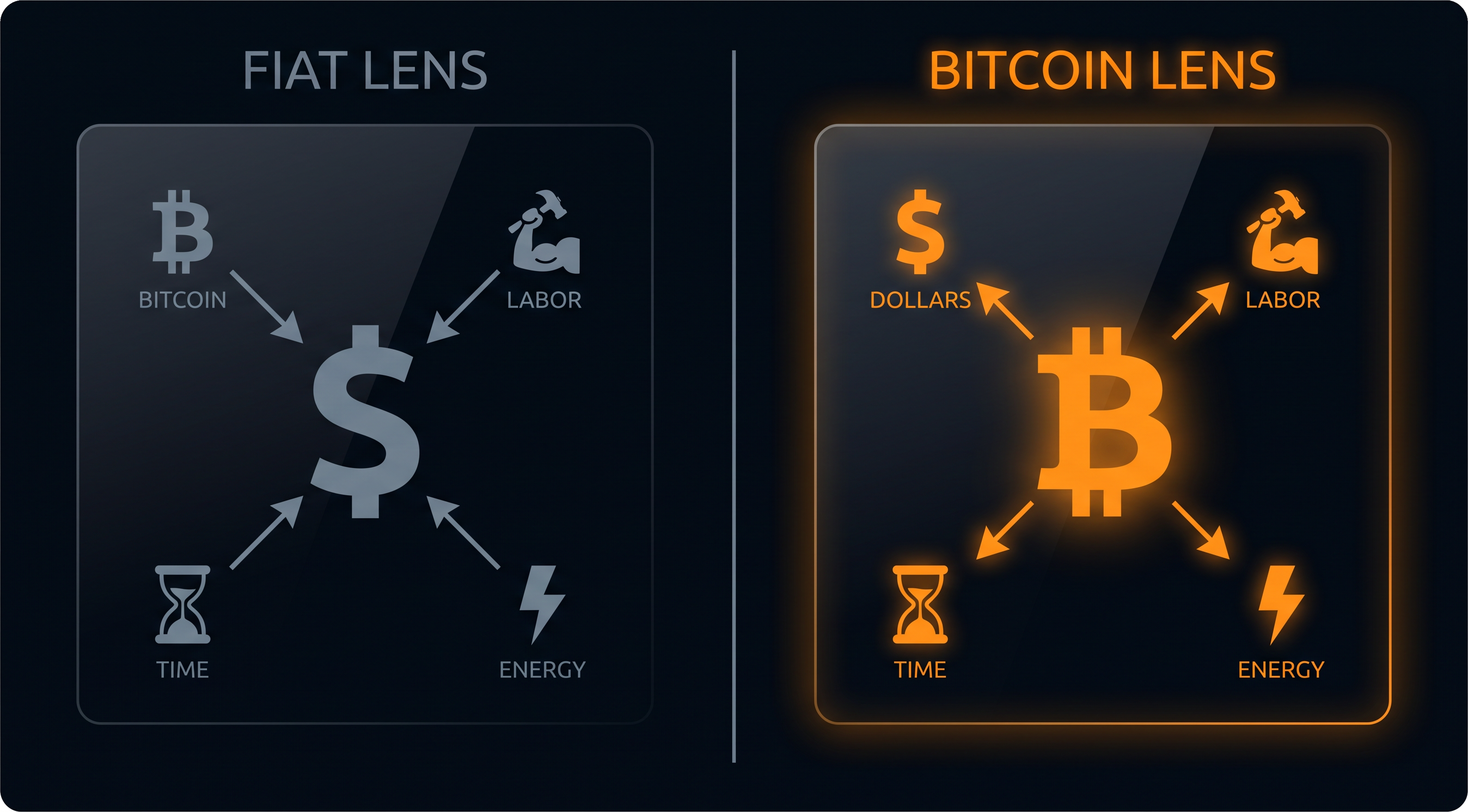 Two panels. Left: dollar sign with arrows pointing inward from labor, time, energy, and Bitcoin. Right: glowing Bitcoin symbol with arrows radiating outward to dollars, labor, time, energy.