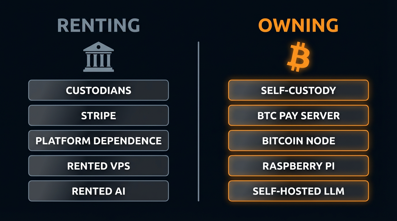 Two stacks. Left labeled RENTING with Bitcoin on top of Coinbase, Stripe, AWS, Cloudflare. Right labeled OWNING with Bitcoin on top of self-custody, BTC Pay Server, Umbrel, your VPS.