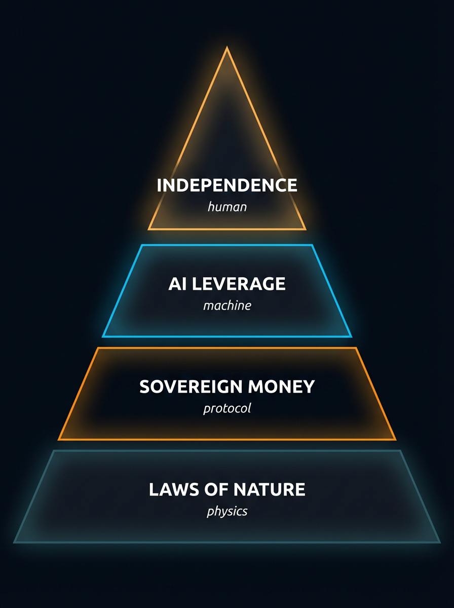 Four-tier pyramid: Physics (first principles) at the base, Sovereign Money, AI Leverage, Independence at the top.