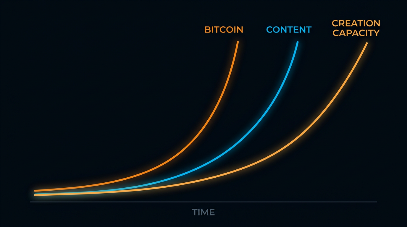 Three exponential curves rising over time — Bitcoin in orange, Content in cyan, Creation Capacity in amber — compounding together.