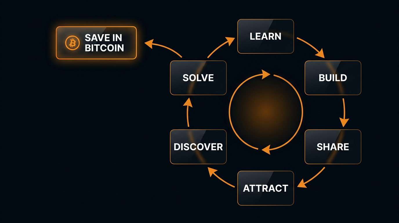 A circular flywheel diagram: Learn, Build, Share, Attract, Discover, Solve, with a branch to Save in Bitcoin.