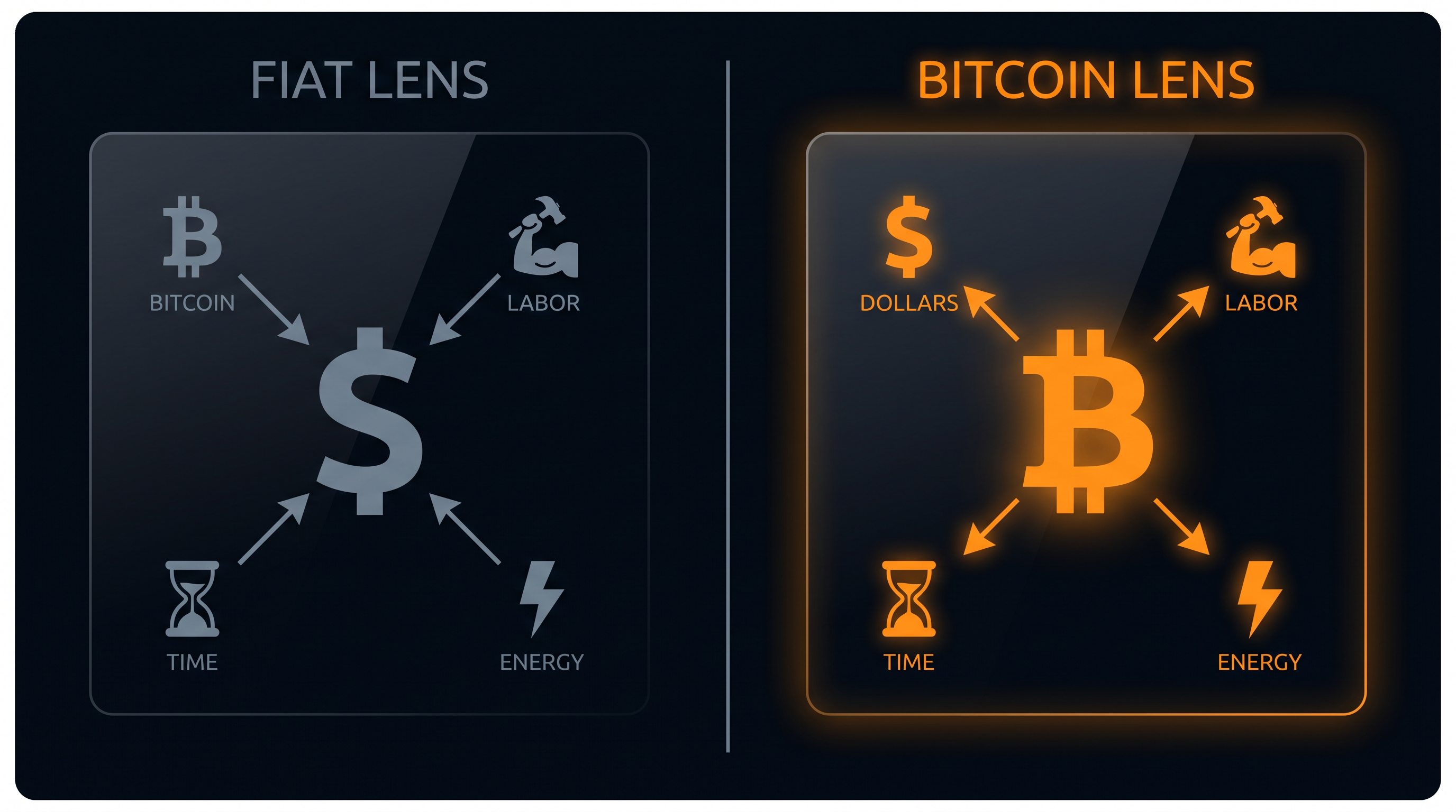 Two panels. Left: dollar sign with arrows pointing inward from labor, time, energy, and Bitcoin. Right: glowing Bitcoin symbol with arrows radiating outward to dollars, labor, time, energy.