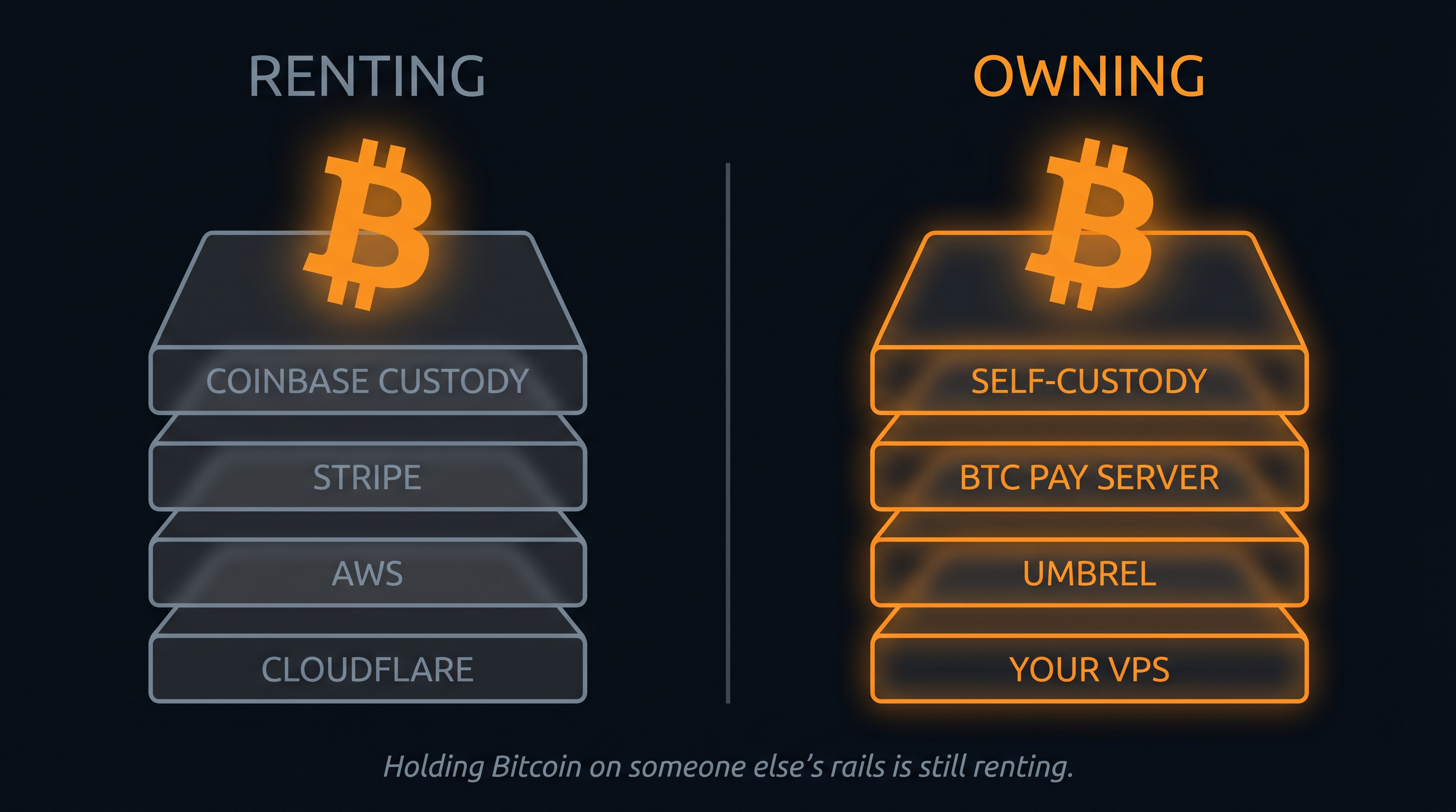 Two stacks. Left labeled RENTING with Bitcoin on top of Coinbase, Stripe, AWS, Cloudflare. Right labeled OWNING with Bitcoin on top of self-custody, BTC Pay Server, Umbrel, your VPS.
