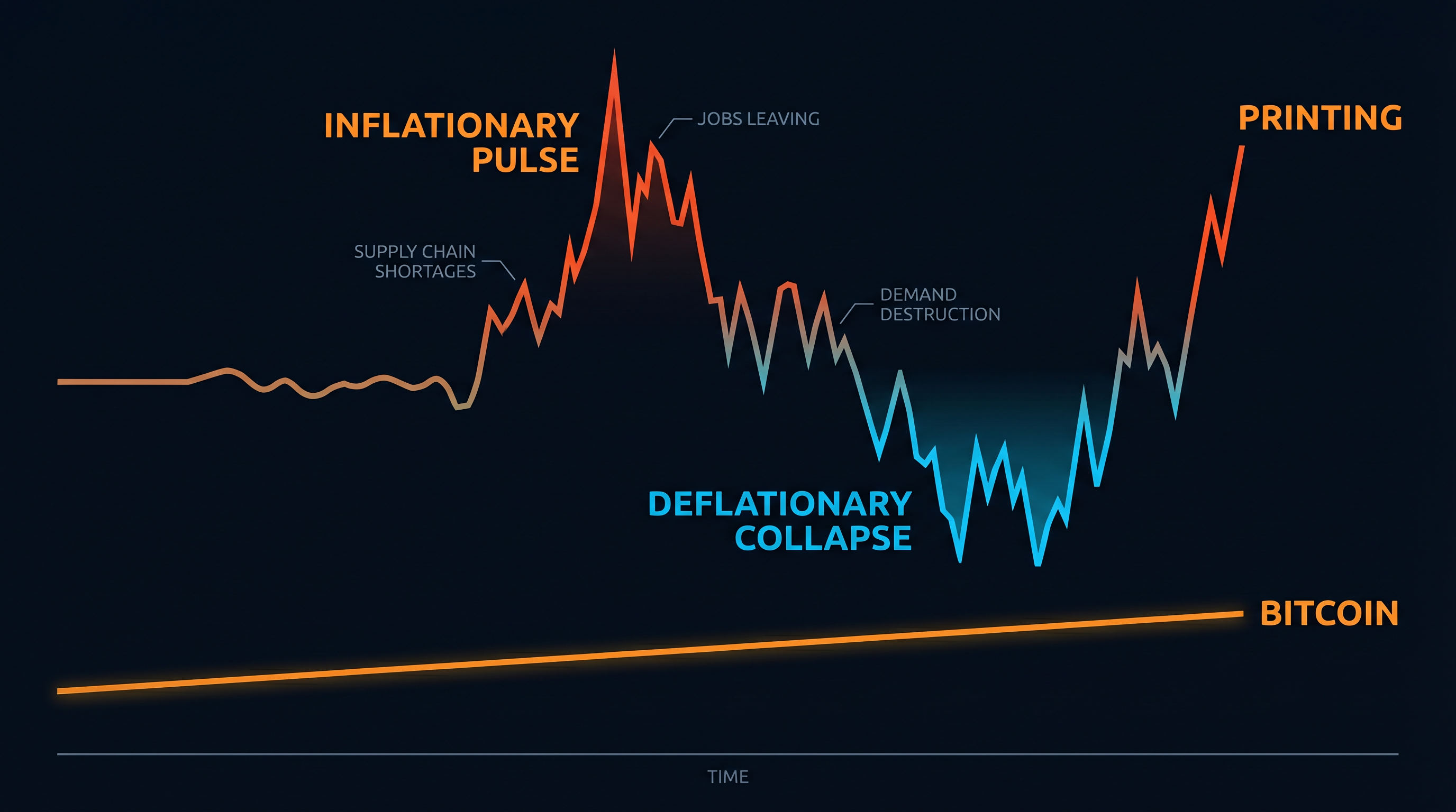 Chaotic inflation and deflation waves above, a steady Bitcoin line below