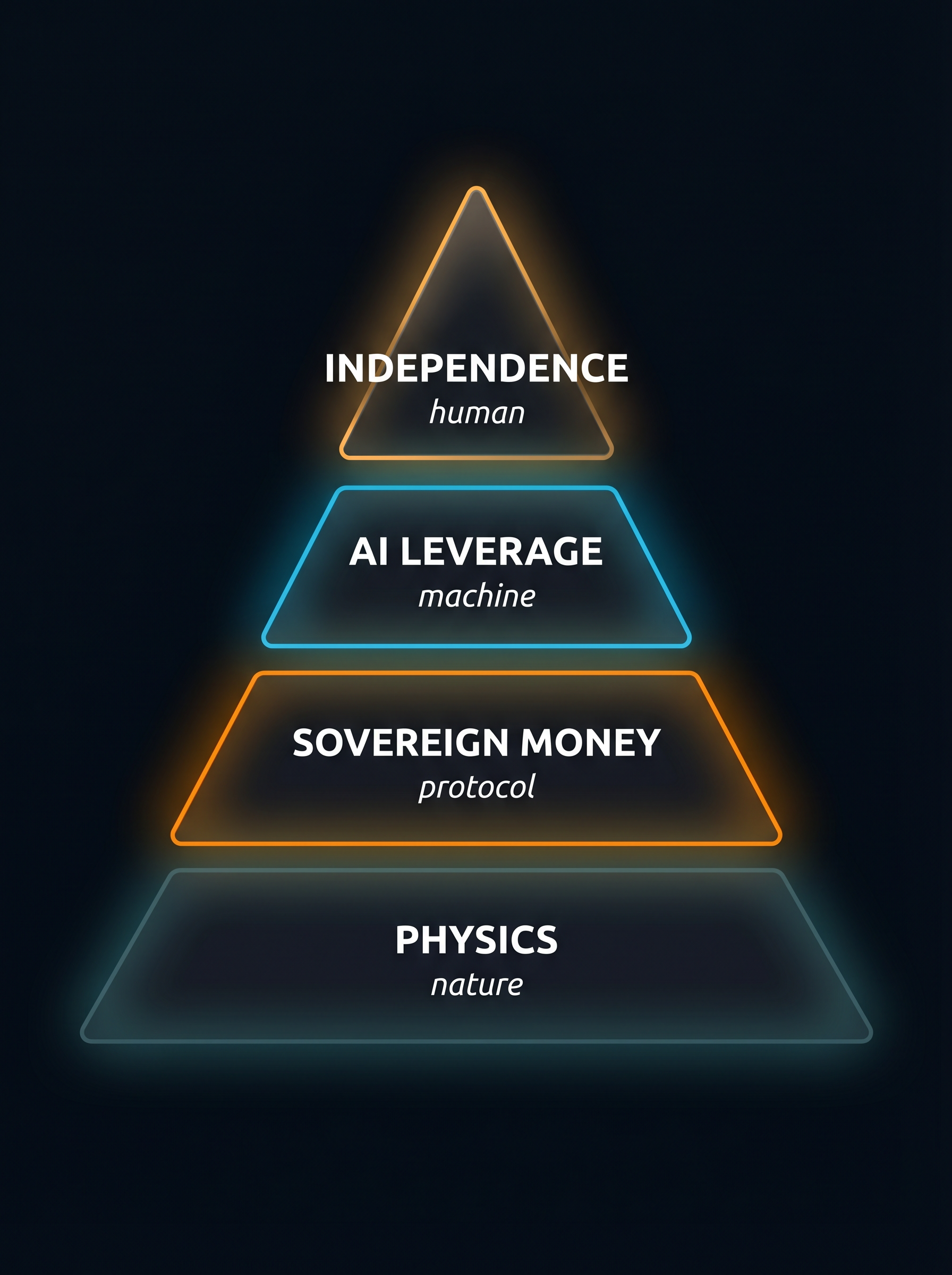 Four-tier pyramid: Physics (first principles) at the base, Sovereign Money, AI Leverage, Independence at the top.
